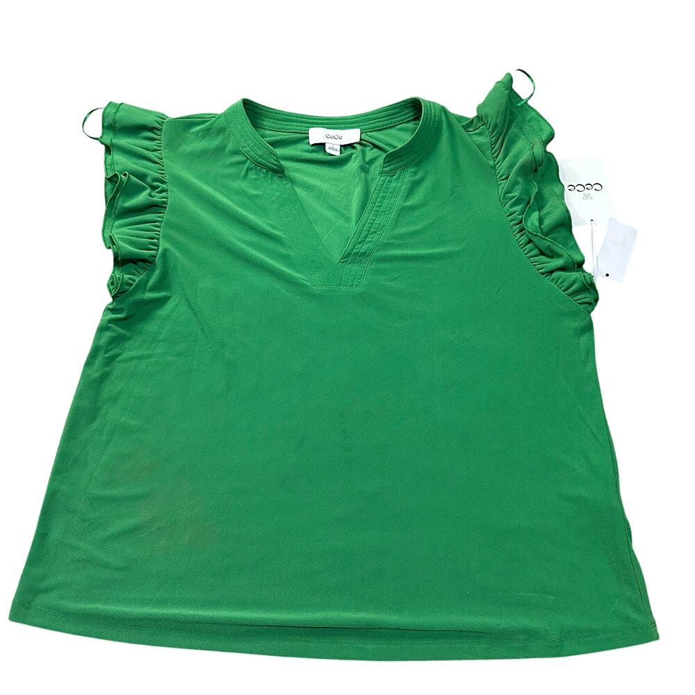 CECE Women's V-Neck Flutter Sleeve Shirt Size L In Green